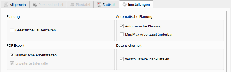 Einstellung - PDF Optionen, Datensicherheit